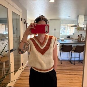 White, Brown and Orange Knit Sleeveless Sweater